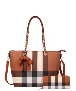 2 In1 Fashion Ribbon Checkered Tote Bag with Wallet LM-8567W BROWN